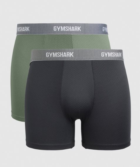 Men's Gymshark Sports Tech Boxers 2pk Underwear Black / Olive | CA 05763A